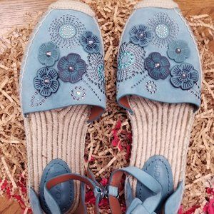 COACH Women's Astor Espadrille Blue Tea Rose Flowers Ankle Strap Size 6.5